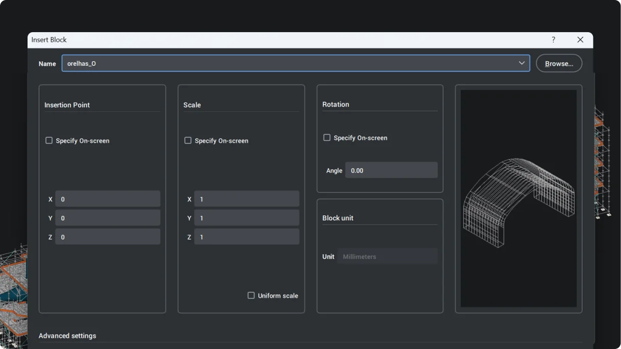 Izbornik za umetanje standardiziran za vrste blokova
